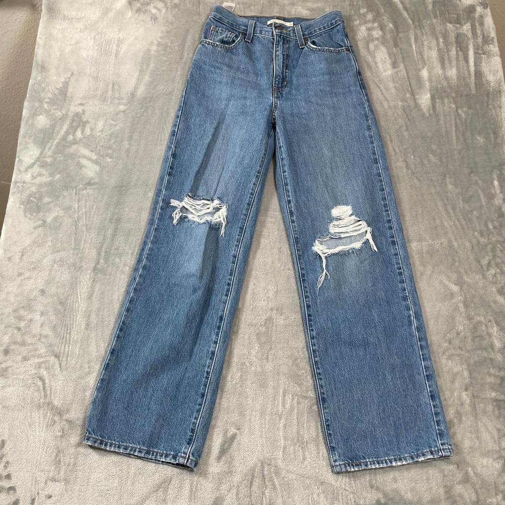 Levis High Waisted Straight Distressed Jeans Medium Wash Blue W24 L29